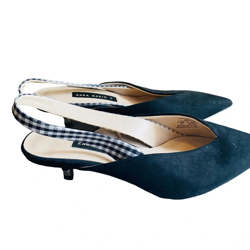 Zara Black Pointed Slingback Heels with Black-and-White Gingham Strap - Picture 3 of 8